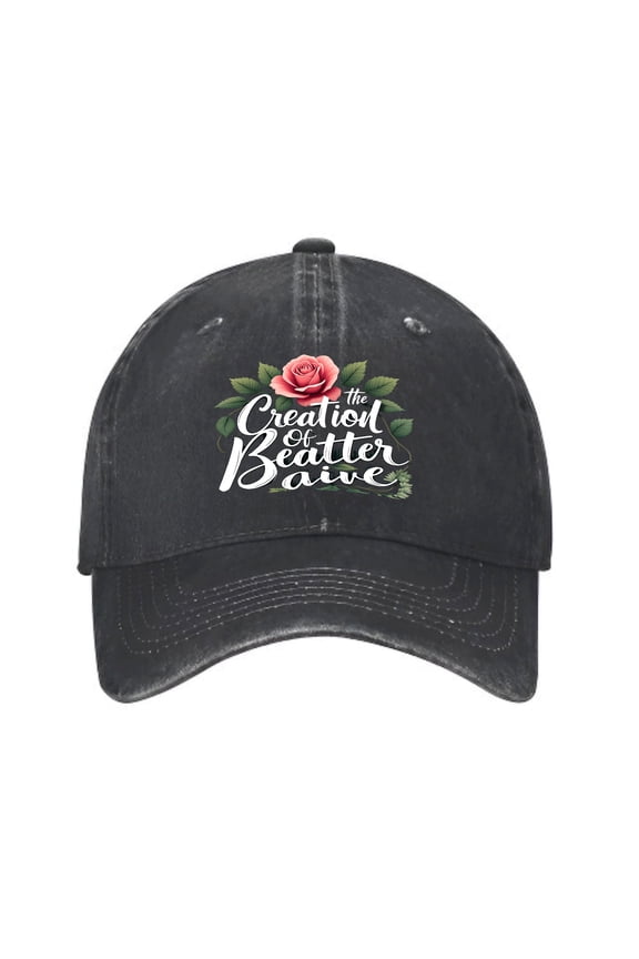 Vintage Cotton Washed Distressed Baseball Cap - Black Dad Hat with Red Rose & Green Leaves Design " Creation of Better " Text Unisex Style for Men & Women