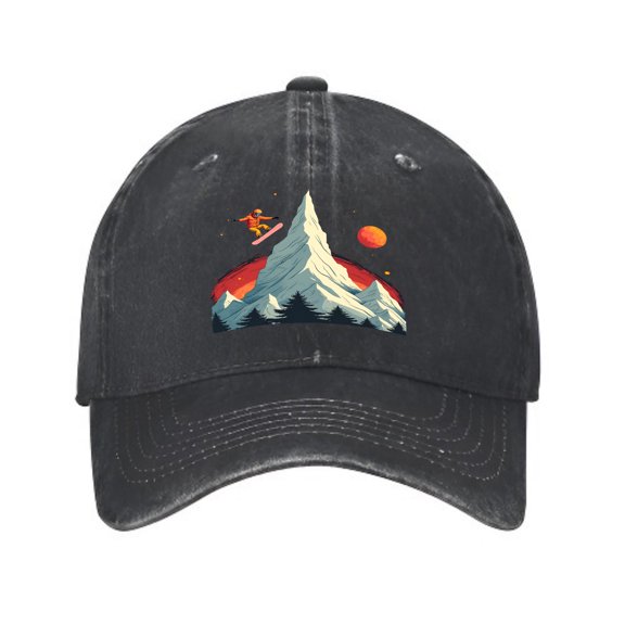 Vintage Cotton Washed Distressed Baseball Cap - Black Dad Hat with Stylized Snow - Capped Mountain Pine Trees Skier and Orange Moon Design for Men and Women
