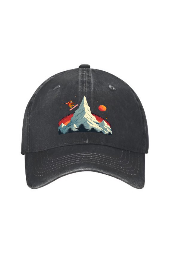 Vintage Cotton Washed Distressed Baseball Cap - Black Dad Hat with Stylized Snow - Capped Mountain Pine Trees Skier and Orange Moon Design for Men and Women
