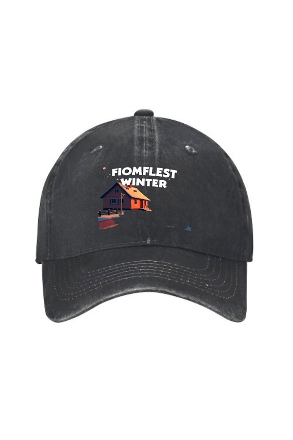 Vintage Cotton Washed Distressed Baseball Cap - Black Dad Hat with Warm Graphic Design of House & Pathway " FIOMFLEST WINTER " Text in Bold White for Men & Women