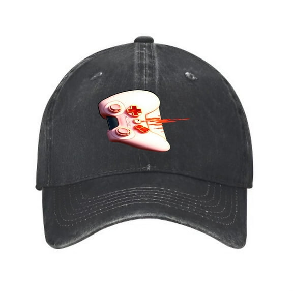 Vintage Cotton Washed Distressed Baseball Cap - Black Dad Hat with Abstract White Gaming Controller Design and Red Accents for Men and Women