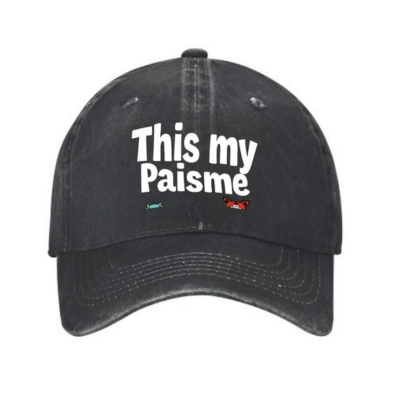 Vintage Cotton Washed Distressed Baseball Cap - Black Dad Hat with Bold ' This my Paisme ' Text Colorful Fish & Red Bear Face Design for Men & Women