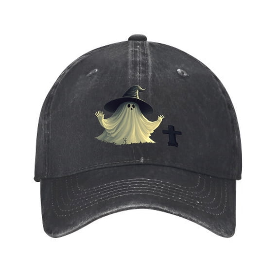 Vintage Cotton Washed Distressed Baseball Cap - Black Dad Hat with Cartoon Ghost & Witch ' s Hat Design Perfect for Men & Women