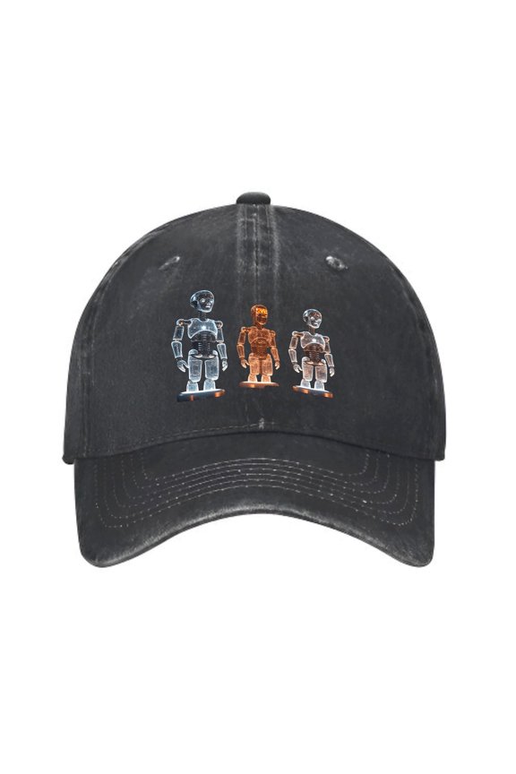 Vintage Cotton Washed Distressed Baseball Cap - Black Dad Hat with Colorful Humanoid Robot Design - Perfect for Men & Women