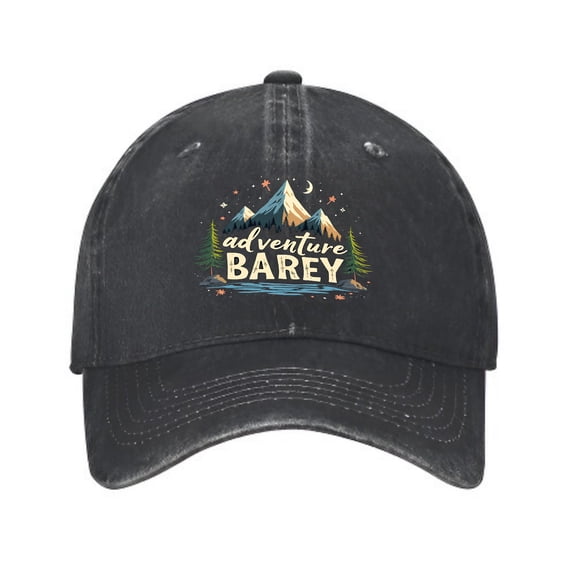 Vintage Cotton Washed Distressed Baseball Cap - Black Dad Hat with Colorful Mountain River Design ' adventure BAREY ' Text