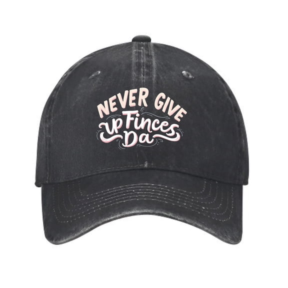 Vintage Cotton Washed Distressed Baseball Cap - Black Dad Hat with Curved Brim & Pink/White " NEVER GIVE UP PRINCES DA " Design for Men & Women