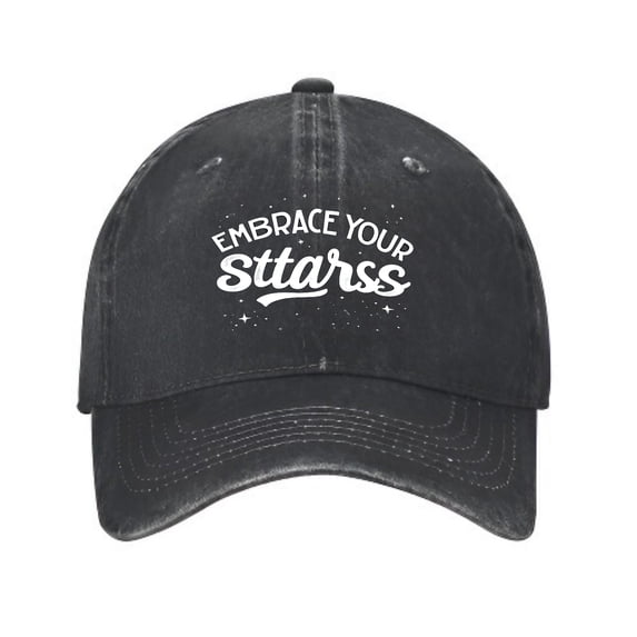 Vintage Cotton Washed Distressed Baseball Cap - Black Dad Hat with ' EMBRACE YOUR STARS ' Cursive Text & Star Design for Men & Women