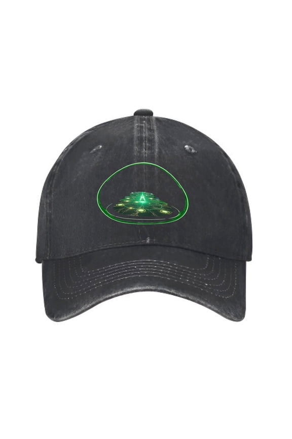 Vintage Cotton Washed Distressed Baseball Cap - Black Dad Hat with Futuristic Green Circular Spaceship Design for Men & Women