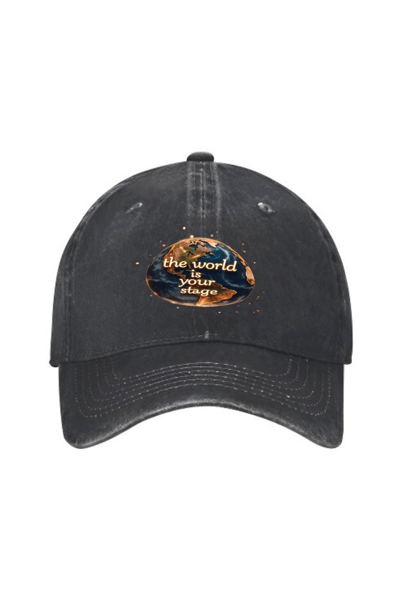 Vintage Cotton Washed Distressed Baseball Cap - Black Dad Hat with Globe Design & ' The World is Your Stage ' in Cursive for Men & Women