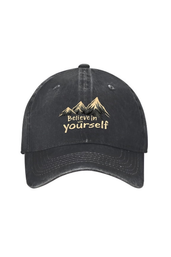 Vintage Cotton Washed Distressed Baseball Cap - Black Dad Hat with Gold Mountain Peaks & ' Believe in Yourself ' Cursive Design for Men & Women