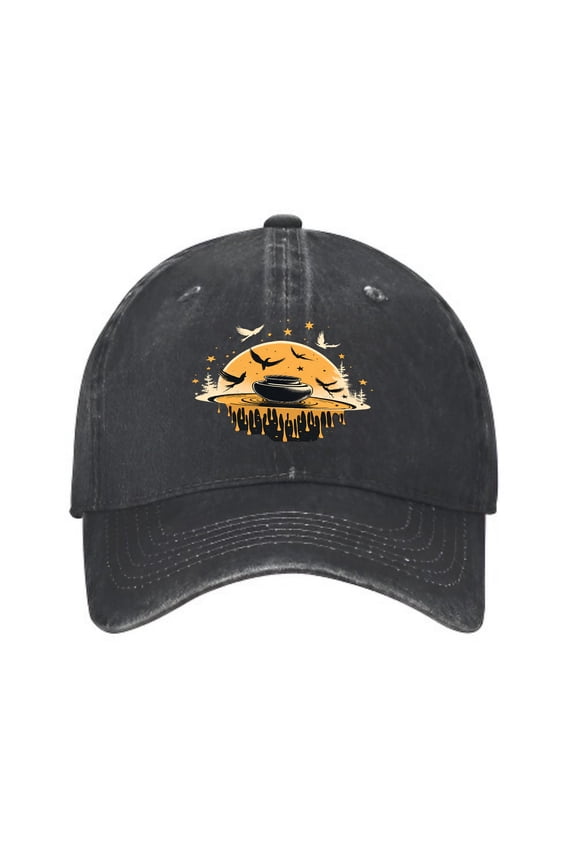 Vintage Cotton Washed Distressed Baseball Cap - Black Dad Hat with Large Orange Moon Silhouetted Trees Flying Birds & Stars Design for Men & Women