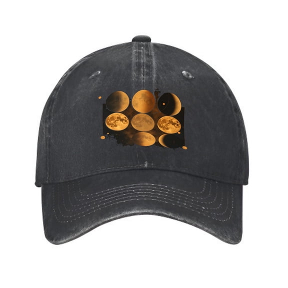 Vintage Cotton Washed Distressed Baseball Cap - Black Dad Hat with Orange & Brown Moon Phases Design for Men & Women