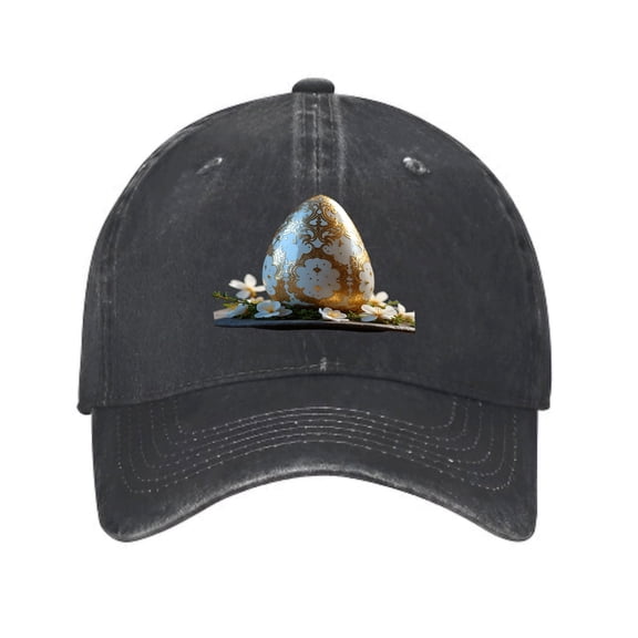 Vintage Cotton Washed Distressed Baseball Cap - Black Dad Hat with Ornate Golden Egg Design and White Floral Accents for Men & Women