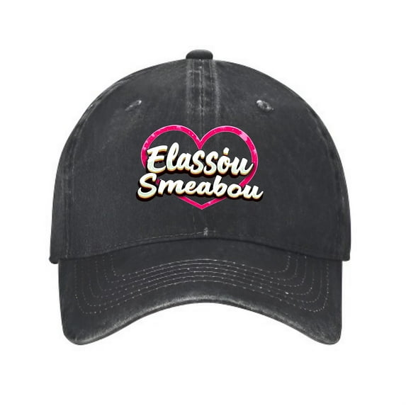 Vintage Cotton Washed Distressed Baseball Cap - Black Dad Hat with Pink Heart Design & Playful " ElasSou Smeabou " Text for Men & Women