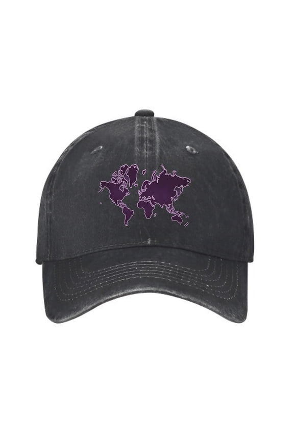 Vintage Cotton Washed Distressed Baseball Cap - Black Dad Hat with Purple World Map Outline for Men & Women