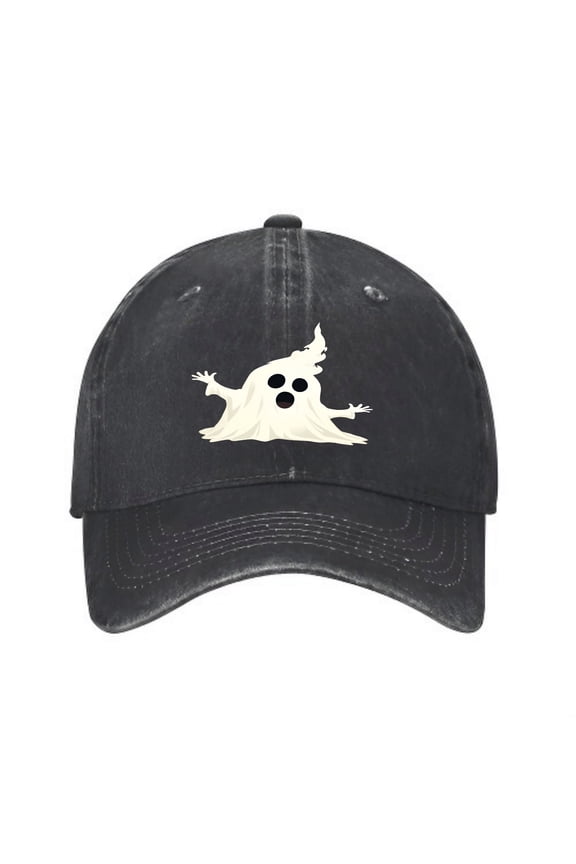 Vintage Cotton Washed Distressed Baseball Cap - Black Dad Hat with Smiling Ghost Design and Ventilation Eyelets for Men and Women