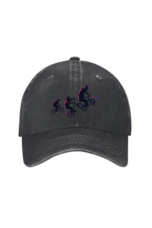 Vintage Cotton Washed Distressed Baseball Cap - Black Dad Hat with Stylized Bicycle Silhouettes in Dark Colors & Purple Accent for Men & Women