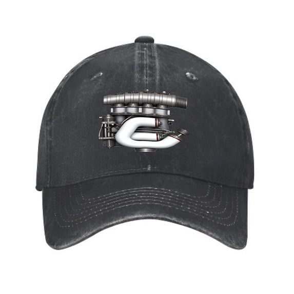 Vintage Cotton Washed Distressed Baseball Cap - Black Dad Hat with Stylized Engine Graphic Design White & Red ' C ' Shape for Men & Women