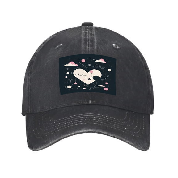 Vintage Cotton Washed Distressed Baseball Cap - Black Dad Hat with Stylized Heart Patch Abstract Clouds Stars & Waves Design for Men & Women