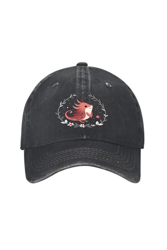 Vintage Cotton Washed Distressed Baseball Cap - Black Dad Hat with Stylized Red Bird Design and Floral Wreath for Men & Women
