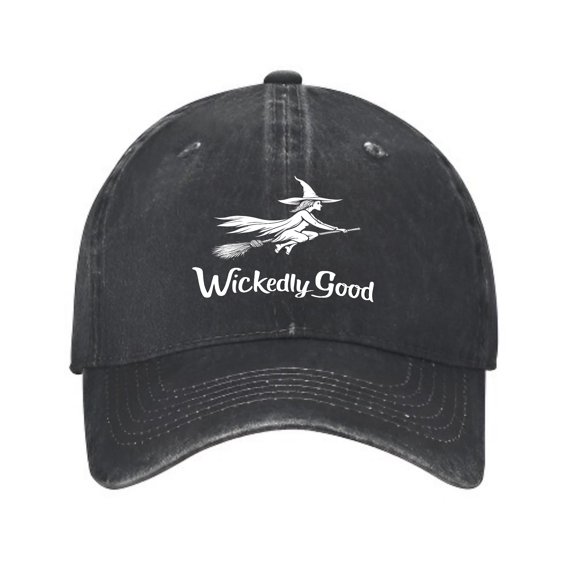 Vintage Cotton Washed Distressed Baseball Cap - Black Dad Hat with Witch Broomstick Graphic & ' Wickedly Good ' Text for Men & Women