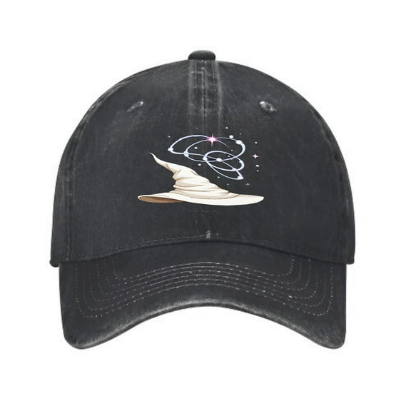 Vintage Cotton Washed Distressed Baseball Cap - Black Dad Hat with Wizard ' s Hat Illustration & Star Design for Men & Women