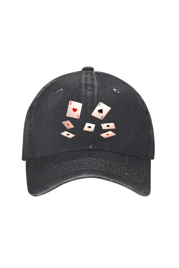 Vintage Cotton Washed Distressed Baseball Cap - Black Golf Dad Hat with Playing Cards Design (2 Hearts & 2 Spades) for Men & Women