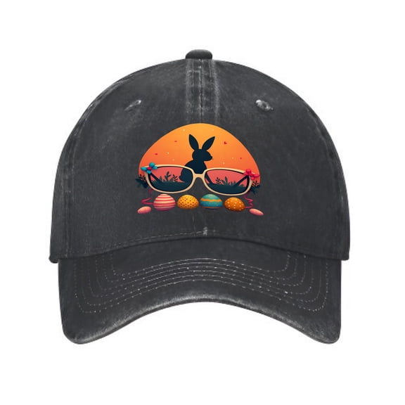 Vintage Cotton Washed Distressed Baseball Cap - Black Hat with Rabbit Silhouette Glasses Colorful Easter Eggs & Flowers Sunset Gradient Design for Men & Women