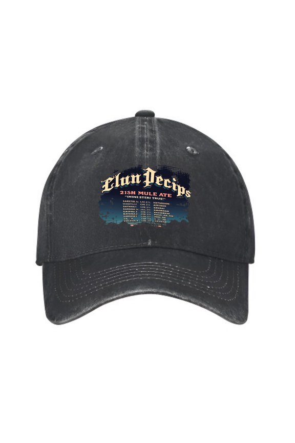 Vintage Cotton Washed Distressed Baseball Cap - Black Hat with ' Elan Decips 21st Mule ' Design for Men & Women