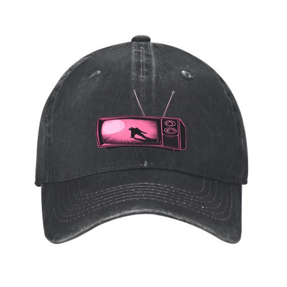 Vintage Cotton Washed Distressed Baseball Cap - Black with Pink Graphic Design of Retro TV & Dancing Silhouette - Stylish Golf Dad Hat for Men & Women