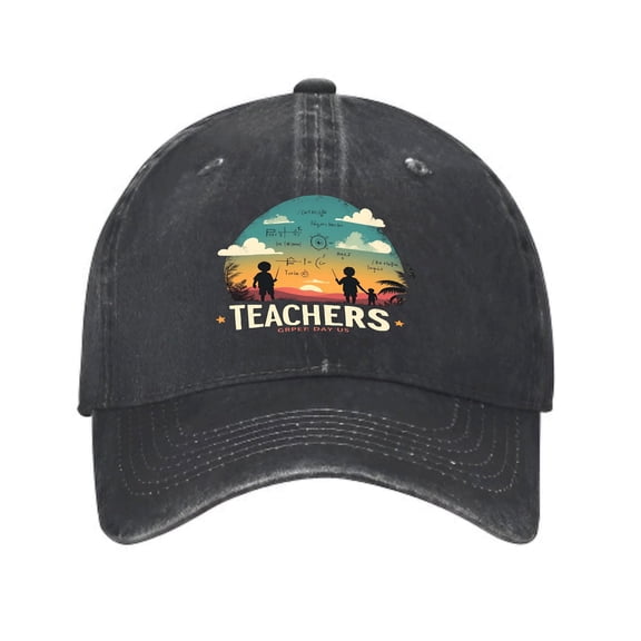 Vintage Cotton Washed Distressed Baseball Cap - Black with Sunset Silhouette Design ' TEACHERS ' & ' Teaching is the best ' Text Tropical Vibe with Clouds & Palm Trees