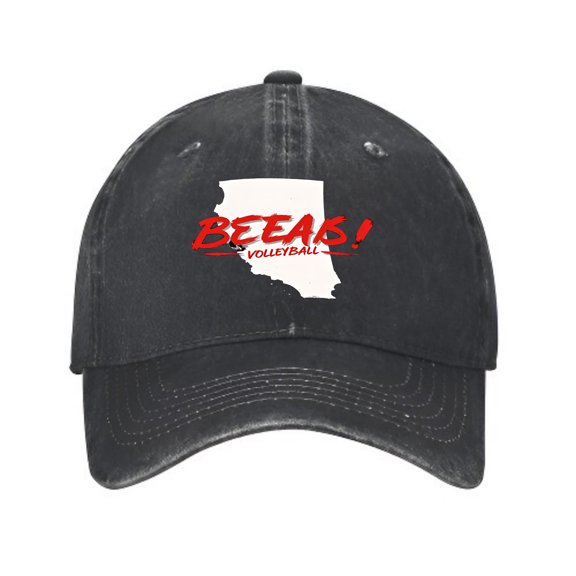 Vintage Cotton Washed Distressed Baseball Cap - Black with White State Silhouette & Bold Red ' BEAGS Volleyball ' Text - Sporty Dad Hat for Men & Women