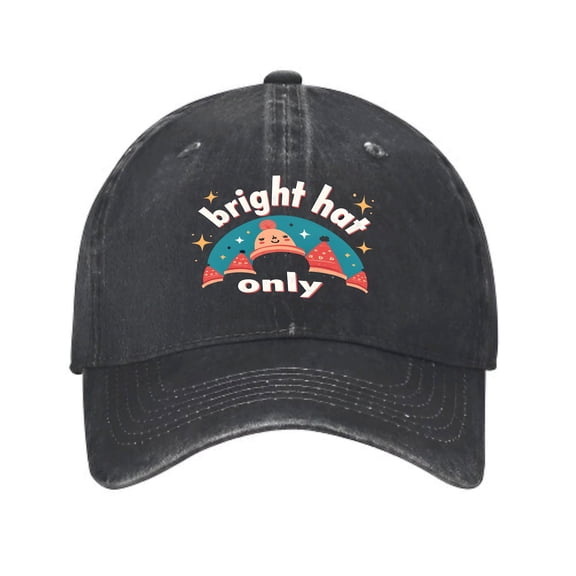 Vintage Cotton Washed Distressed Baseball Cap - Black with Colorful ' Bright Hat Only ' Graphic Smiling Mushroom Design for Men & Women