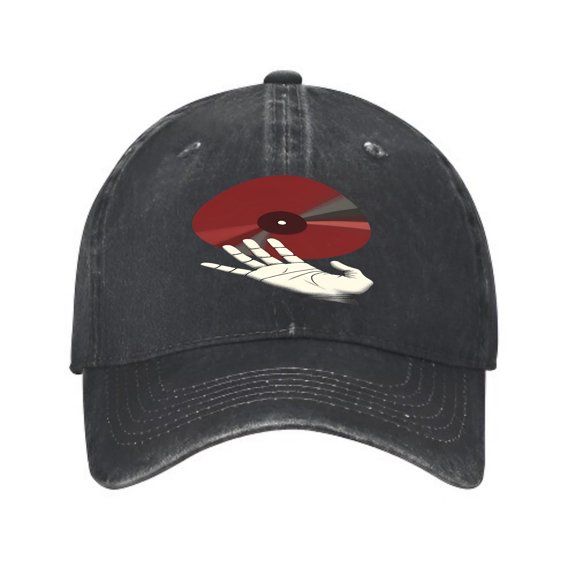 Vintage Cotton Washed Distressed Baseball Cap - Black with Curved Brim Stylized Hand Holding Red Record Graphic White Stitching Unisex Golf Dad Hat