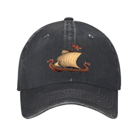 Vintage Cotton Washed Distressed Baseball Cap - Black with Navy Blue Visor Longship Design Perfect Golf Dad Hat for Men & Women