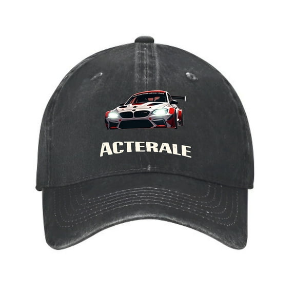 Vintage Cotton Washed Distressed Baseball Cap - Black with Racing Car Graphic & ' ACTERALE ' Text - Curved Brim Golf Dad Hat for Men & Women