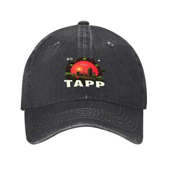 Vintage Cotton Washed Distressed Baseball Cap - Black with Red Sunset City Graphic & Bold ' TAPP ' Text - Stylish Golf Dad Hat for Men & Women