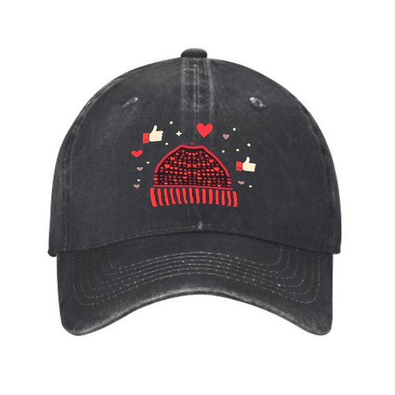 Vintage Cotton Washed Distressed Baseball Cap - Black with Red & White Design Hearts & Thumbs - Up Pattern Curved Brim Golf Dad Hat for Men & Women