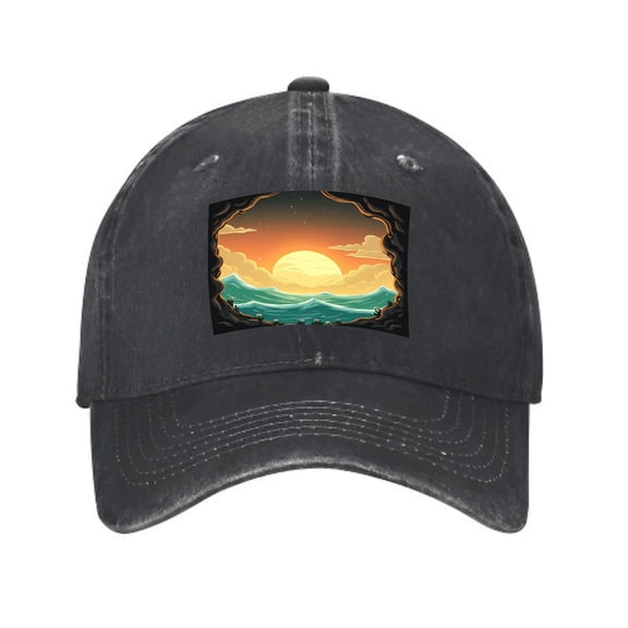 Vintage Cotton Washed Distressed Baseball Cap - Black with Vibrant Sunset Patch Yellow Sun & Ocean Waves - Perfect Golf Dad Hat for Men & Women