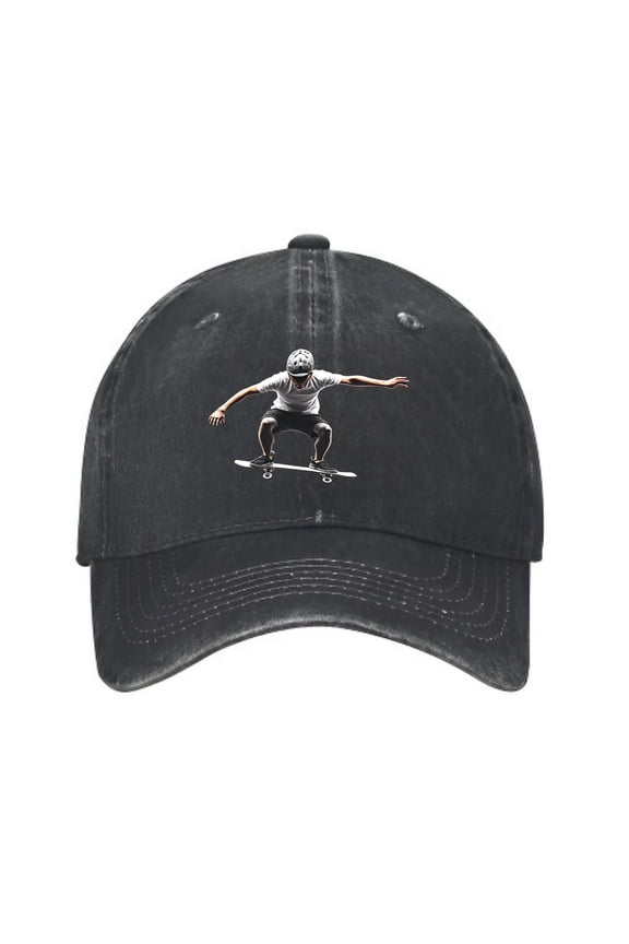 Vintage Cotton Washed Distressed Baseball Cap - Black with White Skateboarder Graphic Curved Brim Dad Hat for Men & Women