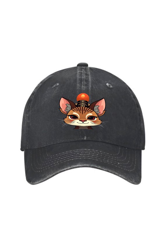 Vintage Cotton Washed Distressed Baseball Cap - Cartoon Cat Face Design with Expressive Eyes & Orange Object - Unisex Golf Dad Hat