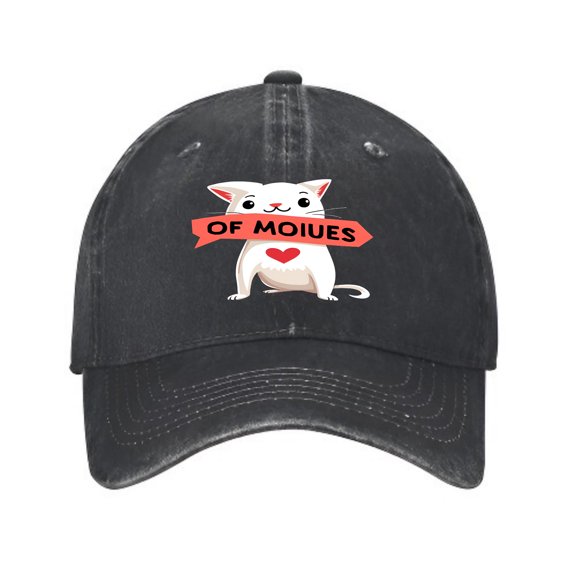 Vintage Cotton Washed Distressed Baseball Cap - Cartoon Cat with Red Banner " OF MOUYES " - Unique Golf Dad Hat for Men & Women