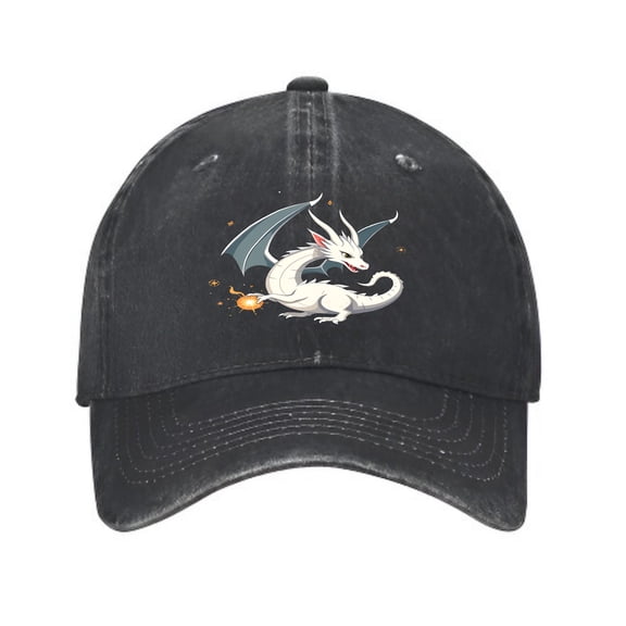 Vintage Cotton Washed Distressed Baseball Cap - Cartoon Dragon Design with Gray Wings Red Horns & Fiery Tail Perfect Golf Dad Hat for Men & Women