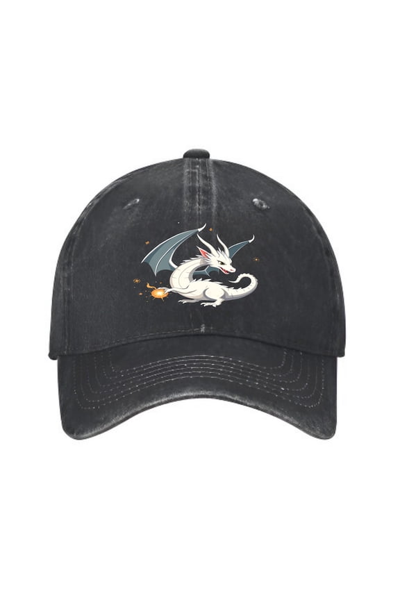 Vintage Cotton Washed Distressed Baseball Cap - Cartoon Dragon Design with Gray Wings Red Horns & Fiery Tail Perfect Golf Dad Hat for Men & Women