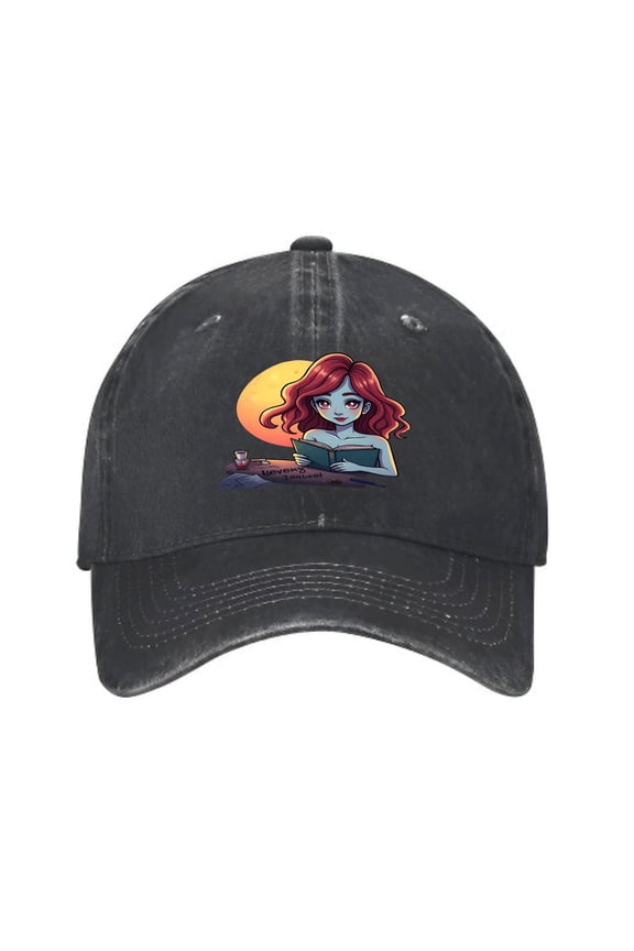Vintage Cotton Washed Distressed Baseball Cap - Cartoon Red - Haired Woman with Blue Skin & Owl Design Sunset Background Perfect Golf Dad Hat for Men & Women