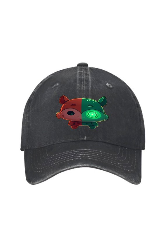 Vintage Cotton Washed Distressed Baseball Cap - Cartoon Split Face Design Red & Green with Glowing Eye Curved Brim Dad Hat for Men & Women