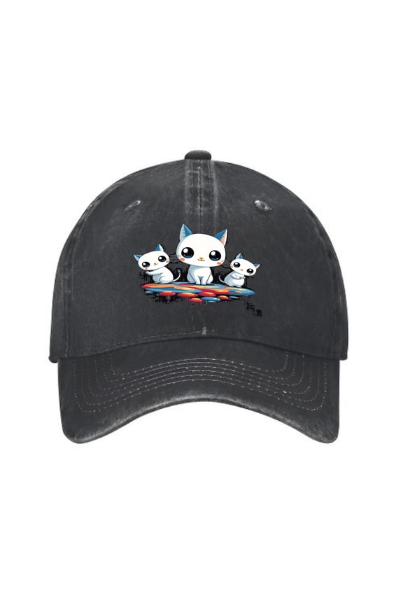 Vintage Cotton Washed Distressed Baseball Cap - Cheerful Cartoon Cats with Colorful Water Reflection Pattern - Golf Dad Hat for Men & Women