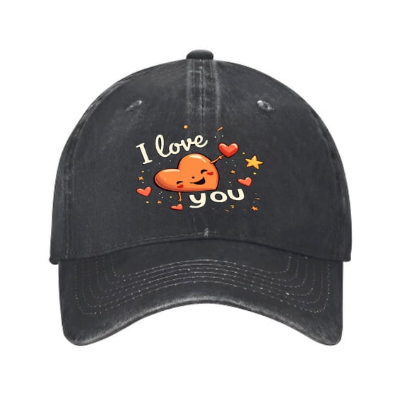 Vintage Cotton Washed Distressed Baseball Cap - Cheerful Smiling Orange Heart Design with ' I Love You ' in White Cursive Perfect Golf Dad Hat for Men & Women