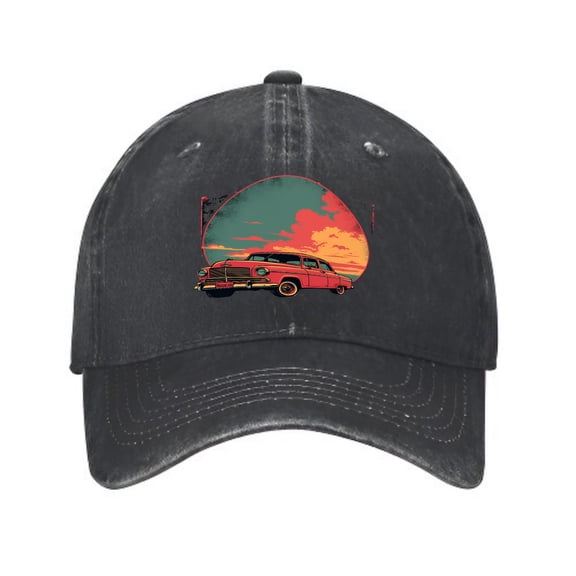 Vintage Cotton Washed Distressed Baseball Cap - Classic Red Car Graphic on Sunset Sky Curved Brim Golf Dad Hat for Men & Women