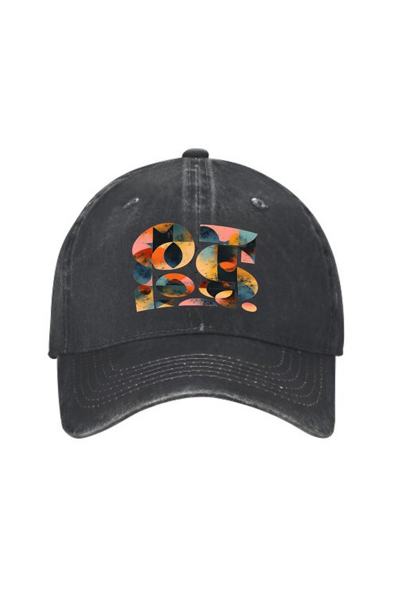 Vintage Cotton Washed Distressed Baseball Cap - Colorful Abstract Design with Overlapping Shapes in Orange Pink Blue & Green - Stylish Golf Dad Hat for Men & Women